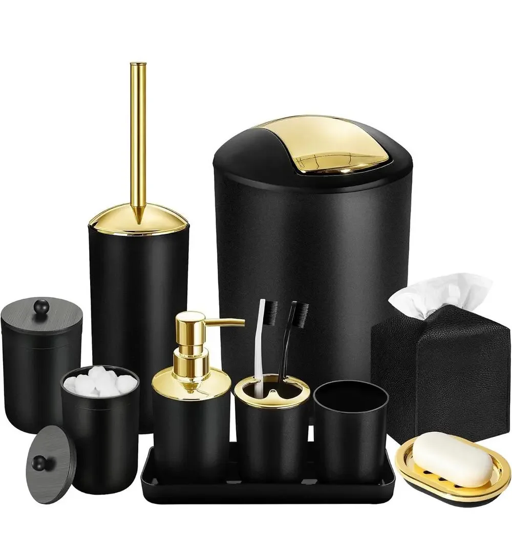 10 Pc Matte Black Bathroom Accessories Set Soap Dispenser Trash Can Tissue Box